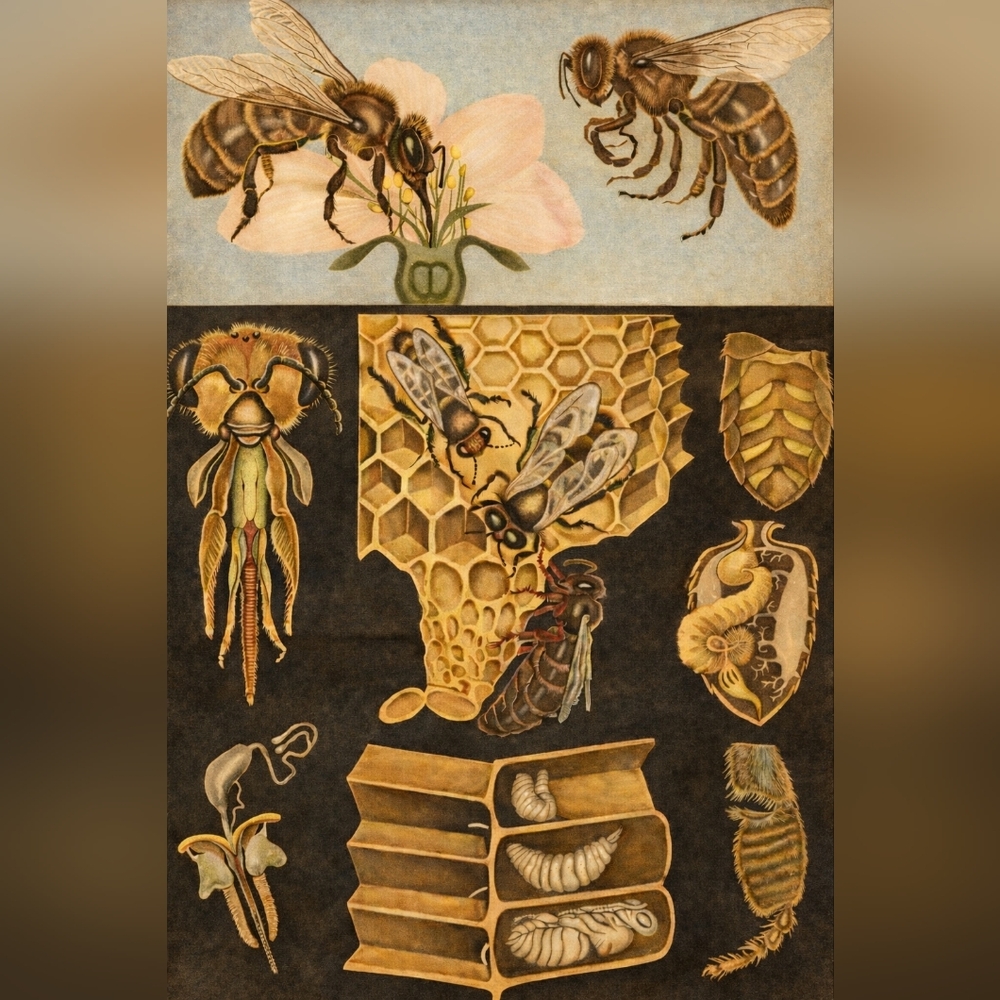 Vintage Bee and Honeycomb Illustration Print